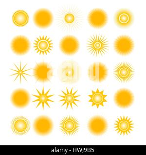 Set di icone diverse sun, isolato su sfondo bianco, gli elementi di design del meteo, illustrazione vettoriale. Illustrazione Vettoriale