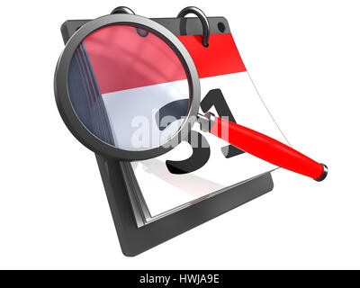 3d illustrazione del calendario con ingrandimento di vetro, isolato su bianco Foto Stock