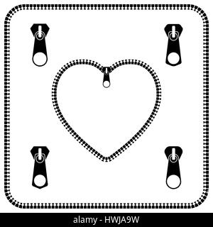 Icona grigia cuore con cerniera, set di diversa forma cursori, isolato su uno sfondo bianco, illustrazione vettoriale. Illustrazione Vettoriale