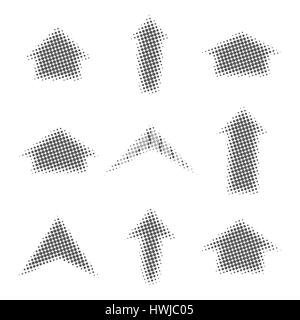 Frecce grigie di forme differenti con effetto mezzitoni, isolato su sfondo bianco, illustrazione vettoriale. Illustrazione Vettoriale