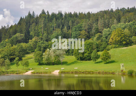 Diebach stagno, Diebach, Fichtenberg, Swabian-Franconian foresta, Hohenlohe regione, Schwaebisch Hall, Baden-Wuerttemberg, Heilbronn-Franconia, Germania Foto Stock