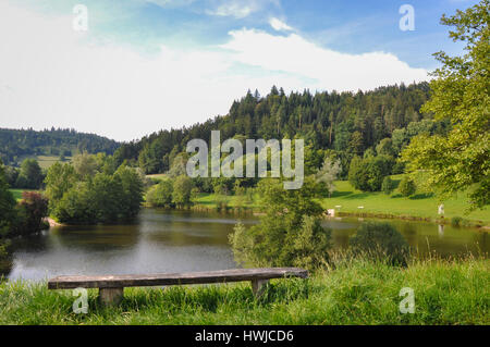 Diebach stagno, Diebach, Fichtenberg, Swabian-Franconian foresta, Hohenlohe regione, Schwaebisch Hall, Baden-Wuerttemberg, Heilbronn-Franconia, Germania Foto Stock