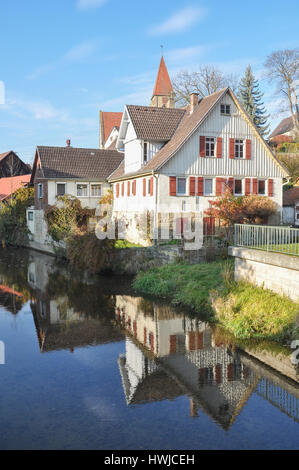 Rosengarten-Rieden nella valle Bibers, Rieden, Cammino di Santiago, Bibers Valley, Swabian-Franconian foresta, Schwaebisch Hall, Hohenlohe regione, Baden-Wuerttemberg, Heilbronn-Franconia, Germania Foto Stock