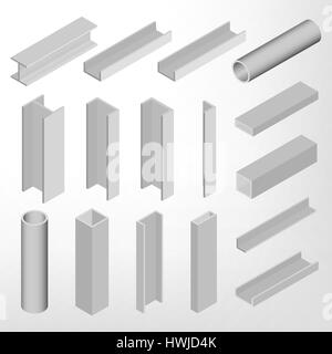 Trave in acciaio isolati su sfondo bianco. Gli elementi di design per la costruzione e la ricostruzione. Appartamento 3D isometrica stile, illustrazione vettoriale. Illustrazione Vettoriale