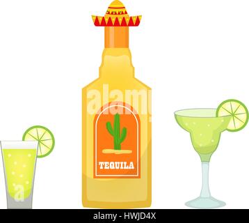 Bottiglia di Tequila con gli occhiali e pezzi di icona di lime piatte, stile cartoon isolati su sfondo bianco. Illustrazione Vettoriale, clip art. Tradizionale bevanda messicana. Illustrazione Vettoriale