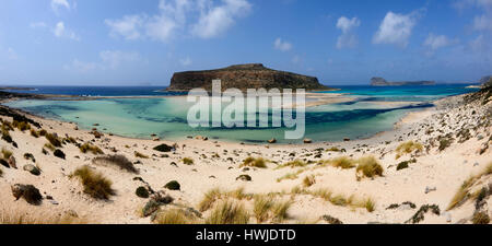 Panorama di Balos Beach, penisola Gramvousa, comunità locale Kissamos, distretto regionale di Chania, Creta, Grecia Foto Stock