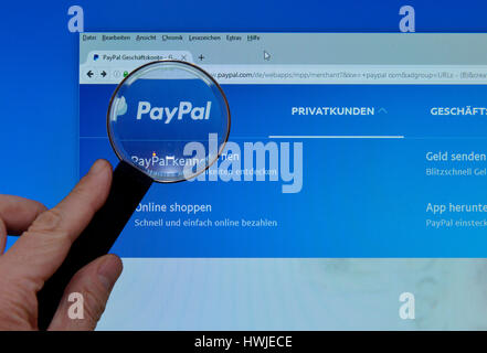 Paypal, Sito Web, Bildschirm, Lupe, mano, Internet Foto Stock