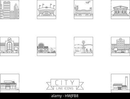 Varietà di edifici urbani e strutture square line icone Illustrazione Vettoriale