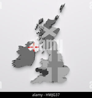 3D rendering di tutto il Regno Unito paesi mappe e bandiere. Irlanda del Nord bandiera a colori Foto Stock