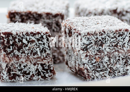 Australian Lamington torta su piastra bianca Foto Stock