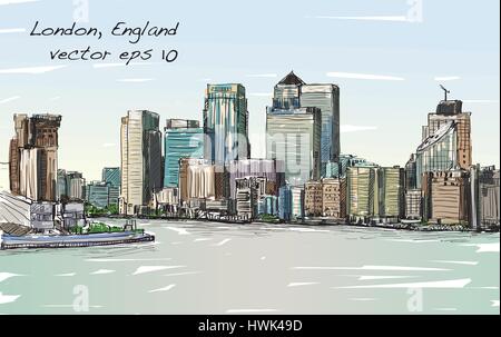 Schizzo cityscape di Londra, Inghilterra, visualizza skyline e gli edifici lungo il Tamigi, illustrazione vettore Illustrazione Vettoriale