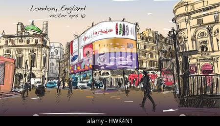 Cityscape disegno schizzo in Londra Inghilterra, mostra a piedi street a angolo di luce LED di bordo, illustrazione vettore Illustrazione Vettoriale