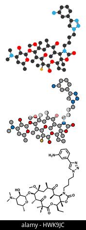 Antibiotico Solithromycin molecola di farmaco. Stilizzata 2D Rendering e tradizionale formula scheletrico. Illustrazione Vettoriale