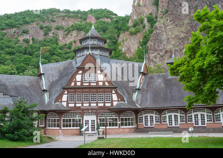 Storico hotel spa, i giardini del centro termale, Bad muenster, nahe valley, medio-Valle del Reno, rheingrafenstein, Unesco patrimonio di parola a Bad Kreuznach, Renania-Palatinato, Germania Foto Stock