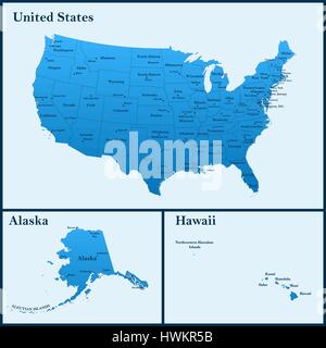 La mappa dettagliata degli Stati Uniti tra cui Alaska e Hawaii. Gli Stati Uniti d'America con le capitali e le maggiori città Illustrazione Vettoriale