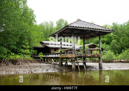 Casa abbandonata e il vecchio padiglione esterno al Riverside di riverbank e foresta di mangrovie o Intertidal foresta sul fiume di Pak Nam Prasae città in Rayong Foto Stock