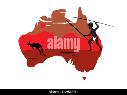 Mappa di Australia e il salto di un canguro e uomo aborigena Illustrazione Vettoriale