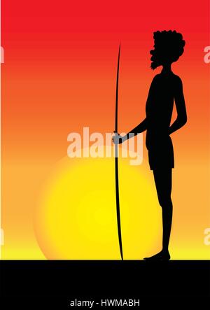 Silhouette di un uomo aborigene nel tramonto Illustrazione Vettoriale