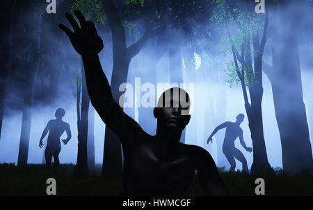 3D render di zombie in una nebbiosa foresta spooky Foto Stock