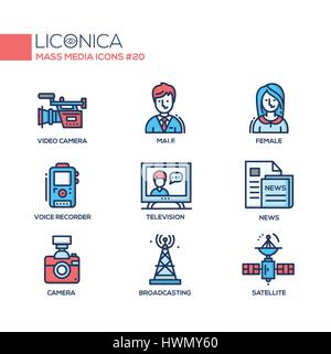 Mass Media - colorata moderna linea singolo set di icone Illustrazione Vettoriale