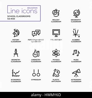 Aule scolastiche - moderno vettore riga singola set di icone. Illustrazione Vettoriale