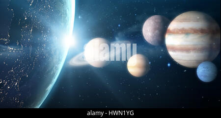 Immagine grafica del sistema solare contro illumina il pianeta terra visto dallo spazio Foto Stock