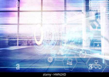 In modo digitale immagine composita di interfaccia tecnologica contro interno dell ufficio vuoto 3d Foto Stock