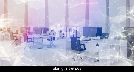 Costellazione tra stelle contro ufficio vuoto con scrivania e computer 3D Foto Stock