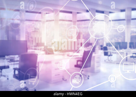 In modo digitale immagine composita di interfaccia tecnologica contro interno dell ufficio vuoto 3d Foto Stock