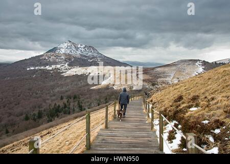 Francia Auvergne Puy de Dome, parco naturale regionale dei vulcani di Auvergne, Chaine des Puys, Orcines, gradini in legno per accedere alla parte superiore del cono vulcanico del Puy Pariou, Puy de Dome in background Foto Stock