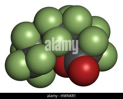 L'acido perfluoroottanoico (PFOA, perfluoroottanoato) inquinanti cancerogeni molecola. Il rendering 3D. Gli atomi sono rappresentati come sfere con co convenzionale Foto Stock