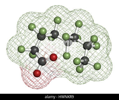 L'acido perfluoroottanoico (PFOA, perfluoroottanoato) inquinanti cancerogeni molecola. Il rendering 3D. Gli atomi sono rappresentati come sfere con co convenzionale Foto Stock