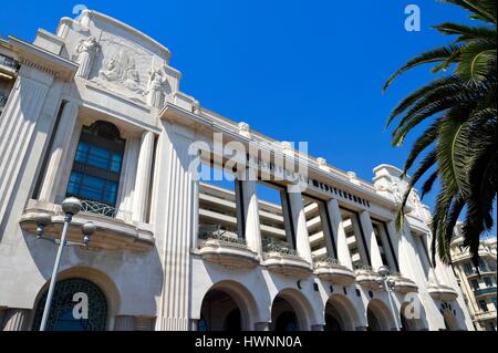 Francia, Alpes-Maritimes, Nizza Promenade des Anglais, facciata in stile art deco del Palais de la Mediterranee (Mediterraneo Palace) Foto Stock