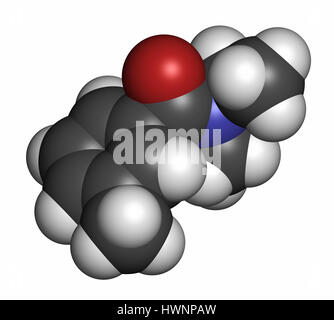 DEET (diethyltoluamide, N,N-dietil-meta-toluamide) repellente per insetti molecola. Il rendering 3D. Gli atomi sono rappresentati come sfere con colore convenzionale Foto Stock