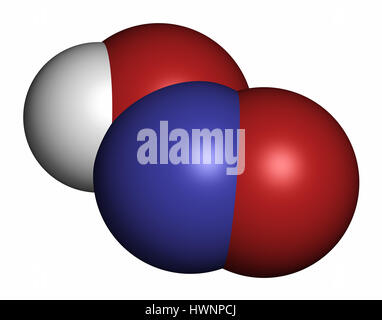 Acido nitrico (HNO2) acido minerale molecola. Il rendering 3D. Gli atomi sono rappresentati come sfere con i tradizionali colori: idrogeno (bianco), Ossigeno (ri Foto Stock