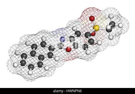 Ezutromid Duchene distrofia muscolare molecola di farmaco. Attivatore di utrophin. Il rendering 3D. Gli atomi sono rappresentati come sfere con colore convenzionale codi Foto Stock