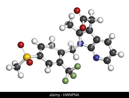 Asma Fevipiprant molecola di farmaco. Il rendering 3D. Gli atomi sono rappresentati come sfere con i tradizionali colori: idrogeno (bianco), carbonio (grigio), nitr Foto Stock