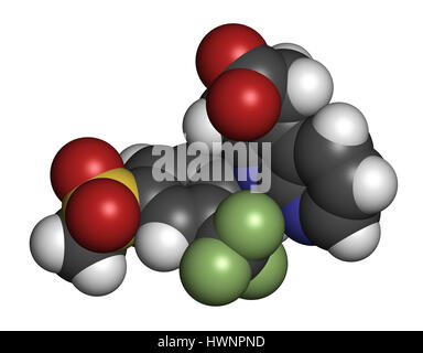 Asma Fevipiprant molecola di farmaco. Il rendering 3D. Gli atomi sono rappresentati come sfere con i tradizionali colori: idrogeno (bianco), carbonio (grigio), nitr Foto Stock