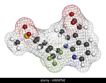 Asma Fevipiprant molecola di farmaco. Il rendering 3D. Gli atomi sono rappresentati come sfere con i tradizionali colori: idrogeno (bianco), carbonio (grigio), nitr Foto Stock