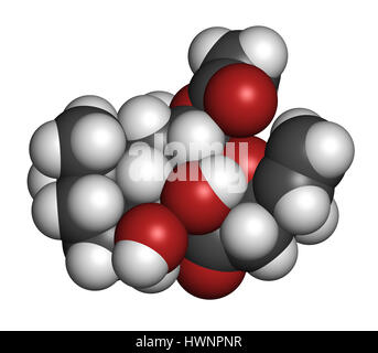 Il Forskolin (coleonol molecola). Attiva l'enzima adenil ciclasi, risultante in un aumento dei livelli di cAMP. Il rendering 3D. Gli atomi sono rappresentati come sp Foto Stock