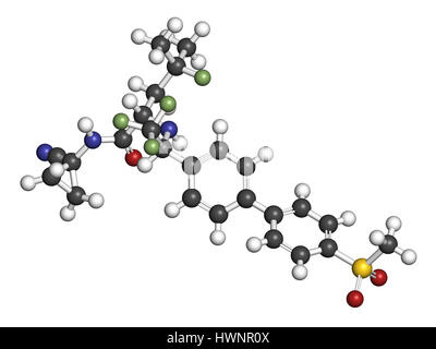 Odanacatib osteoporosi e metastasi ossee molecola di farmaco. Inibitore della catepsina K. il rendering 3D. Gli atomi sono rappresentati come sfere con convenzionali Foto Stock