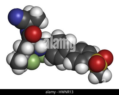 Odanacatib osteoporosi e metastasi ossee molecola di farmaco. Inibitore della catepsina K. il rendering 3D. Gli atomi sono rappresentati come sfere con convenzionali Foto Stock