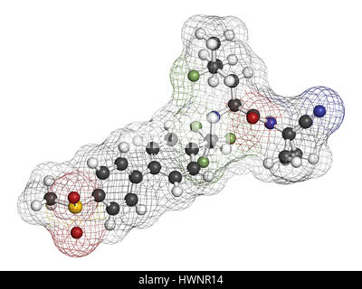 Odanacatib osteoporosi e metastasi ossee molecola di farmaco. Inibitore della catepsina K. il rendering 3D. Gli atomi sono rappresentati come sfere con convenzionali Foto Stock