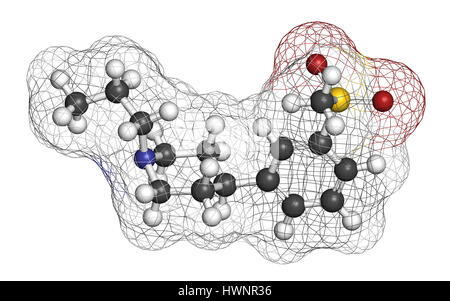 Pridopidine malattia di Huntington molecola di farmaco. Il rendering 3D. Gli atomi sono rappresentati come sfere con i tradizionali colori: idrogeno (bianco), carbo Foto Stock