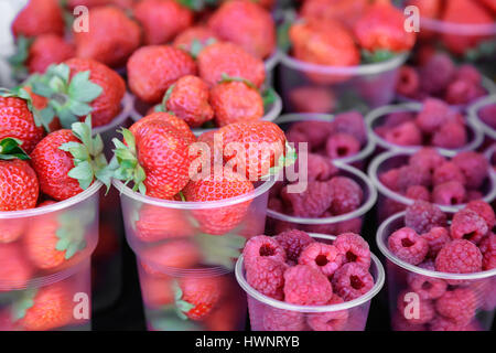 Le bacche mature di fragole e lamponi rosso in piccoli contenitori in vendita presso il negozio. Foto Stock