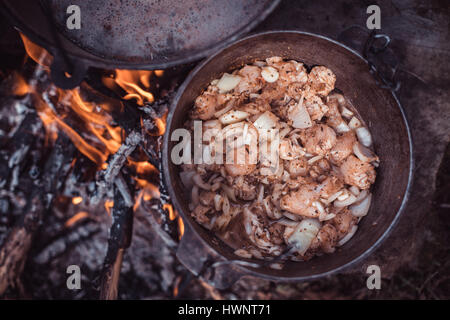 La carne e le cipolle cotte su un fuoco aperto nella caldaia Foto Stock