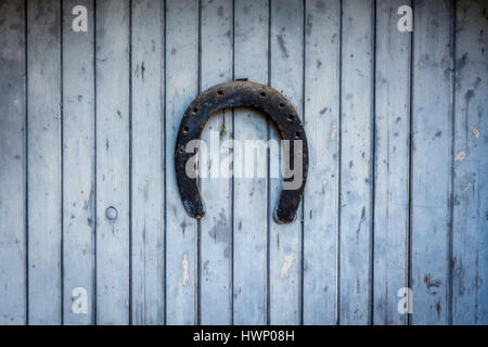 Ferro di cavallo fortunato su una porta di legno. Auvergne. Francia Foto Stock