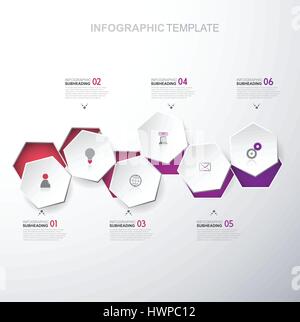 Una infografica modello con sei esagoni e icone - versione light. Illustrazione Vettoriale