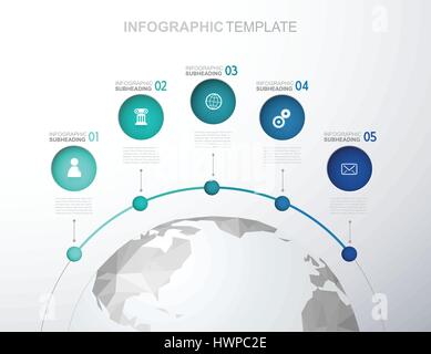 Una infografica modello con cinque cerchi, icone line up e mappa poligonale - versione light. Illustrazione Vettoriale