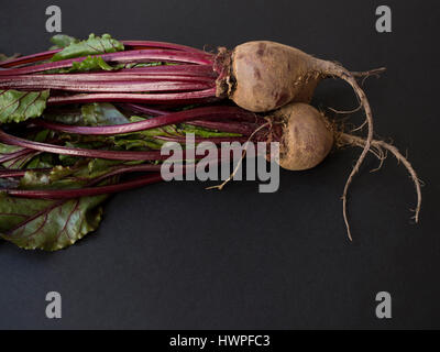 Organici di barbabietole con foglie isolati su sfondo nero Foto Stock